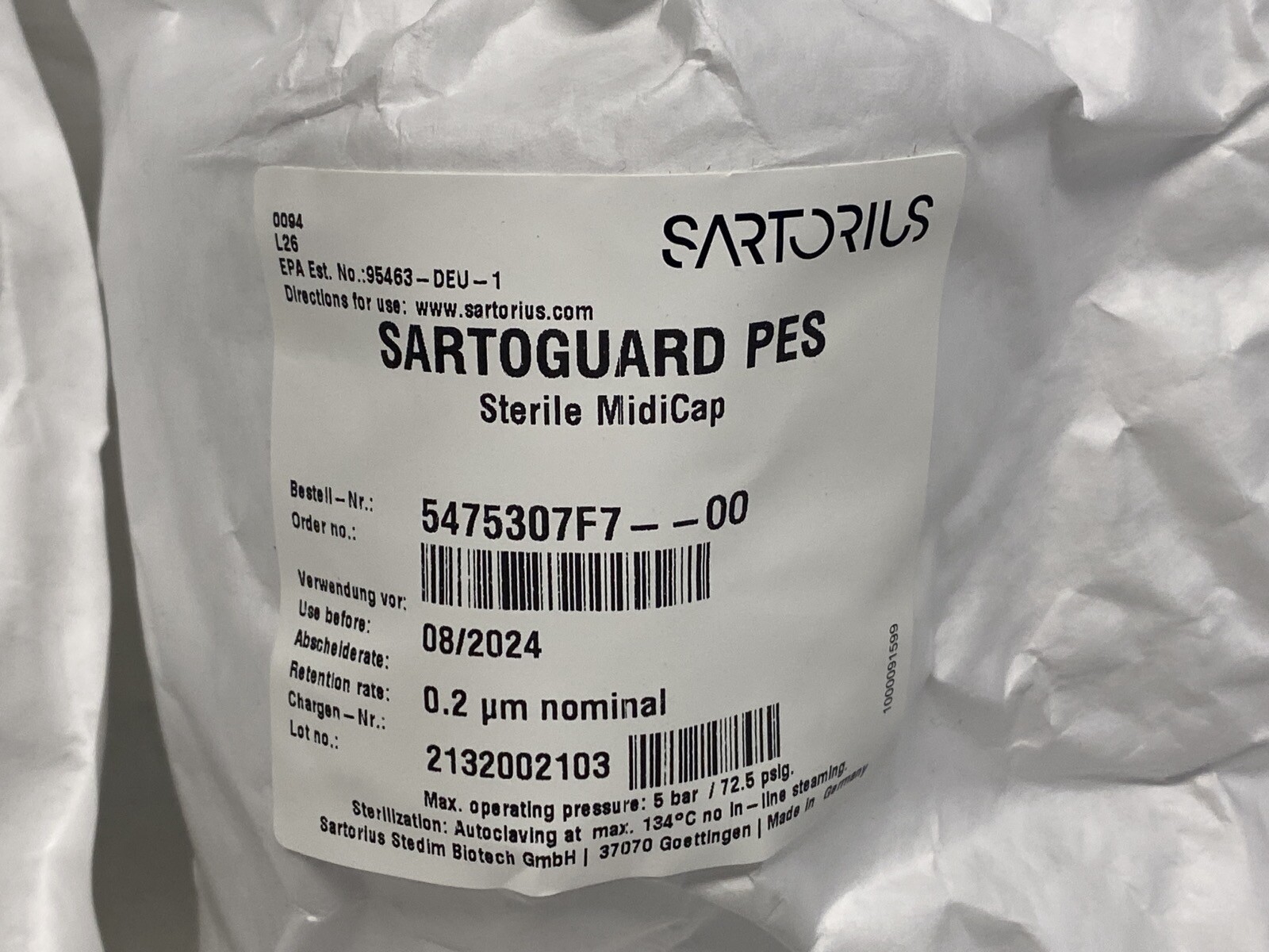 (3) SARTORIUS Sartoguard MidiCap Filter Cartridge 0.2um PES 1/2” HB 5475307F7–00