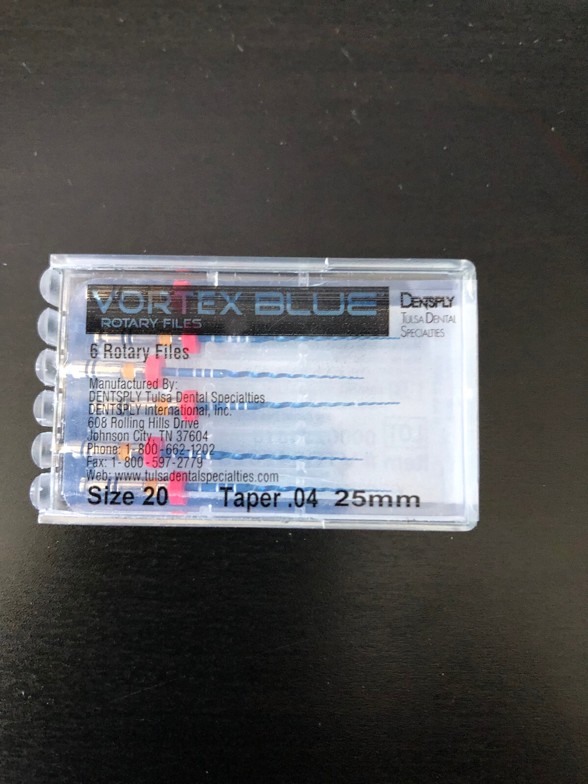 Dentsply Tulsa Dental Vortex 25mm Taper .04 Size 20 Rotary Files 6/pk