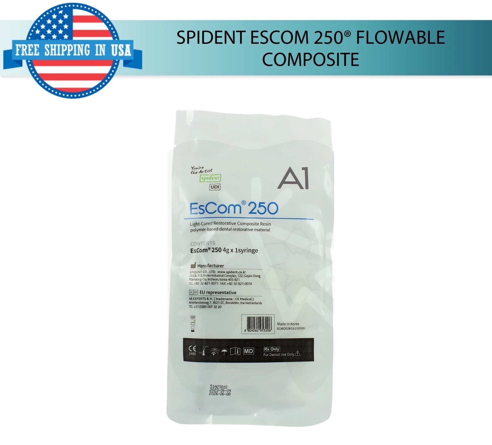 Dental EsCom 250® Composite Resin 4g Syringe Restorative Light Cured Nanohybrid