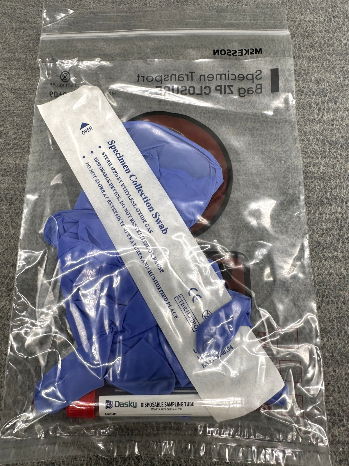 McKESSON – Collection Kits Swab, Gloves and Disposable Tube with Biohazard Bags