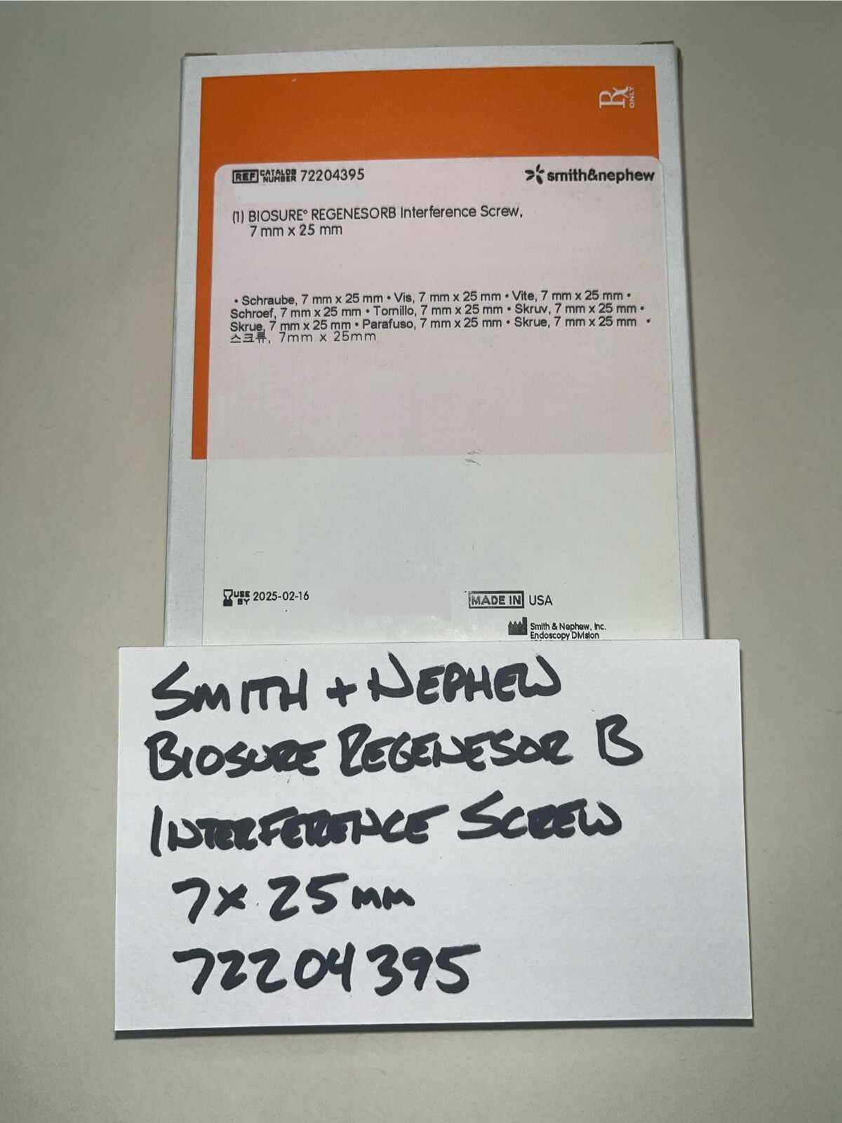 SMITH & NEPHEW BIOSURE REGENESOR B INTERFERENCE SCREW 7x25mm 72204395