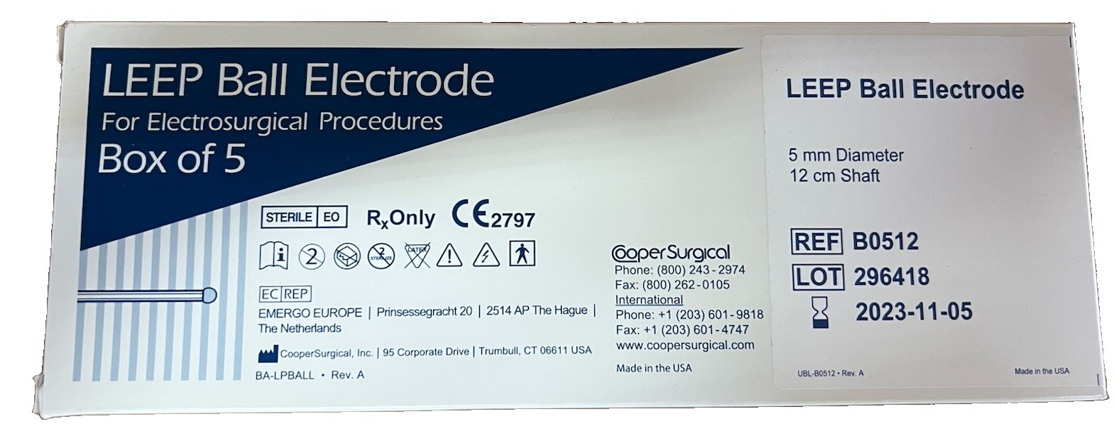 *5-Pieces* Cooper Surgical LEEP Ball Electrode 5mm Diameter 12cm Shaft B0512