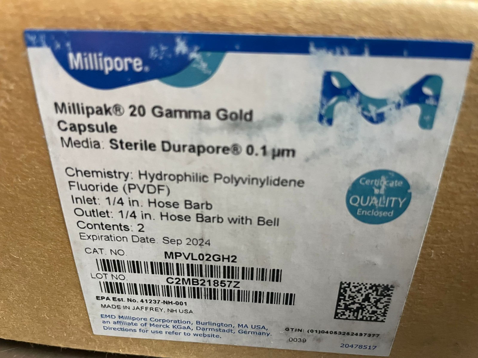MILLIPORE Sterile Millipak 20 Gama 0.1 µm with 1/4 in. HB/HB w/bell MPVL02GH2