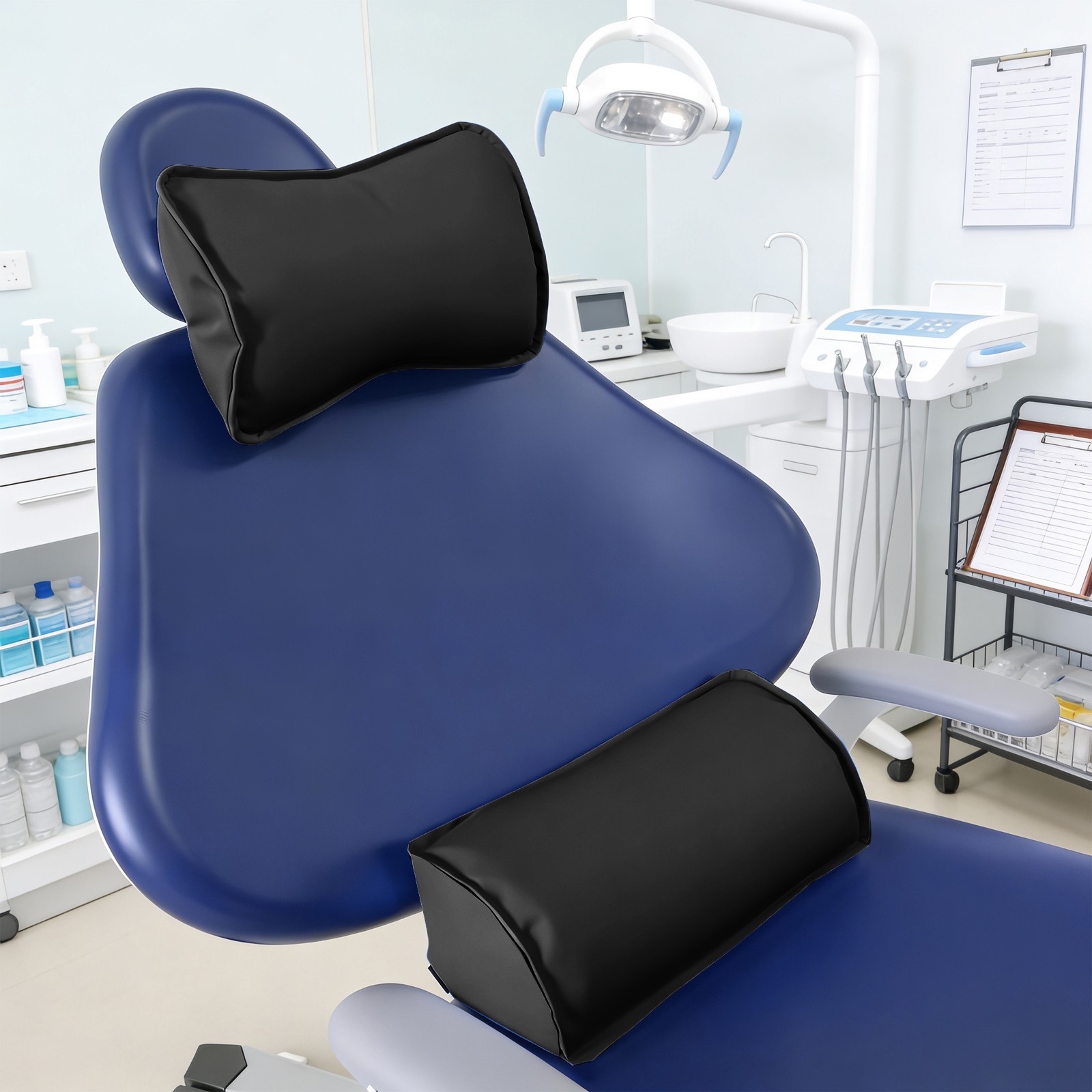 Dental Chair Neck Pillow Lumbar Cushion Set Memory Foam Microfiber Leather Black