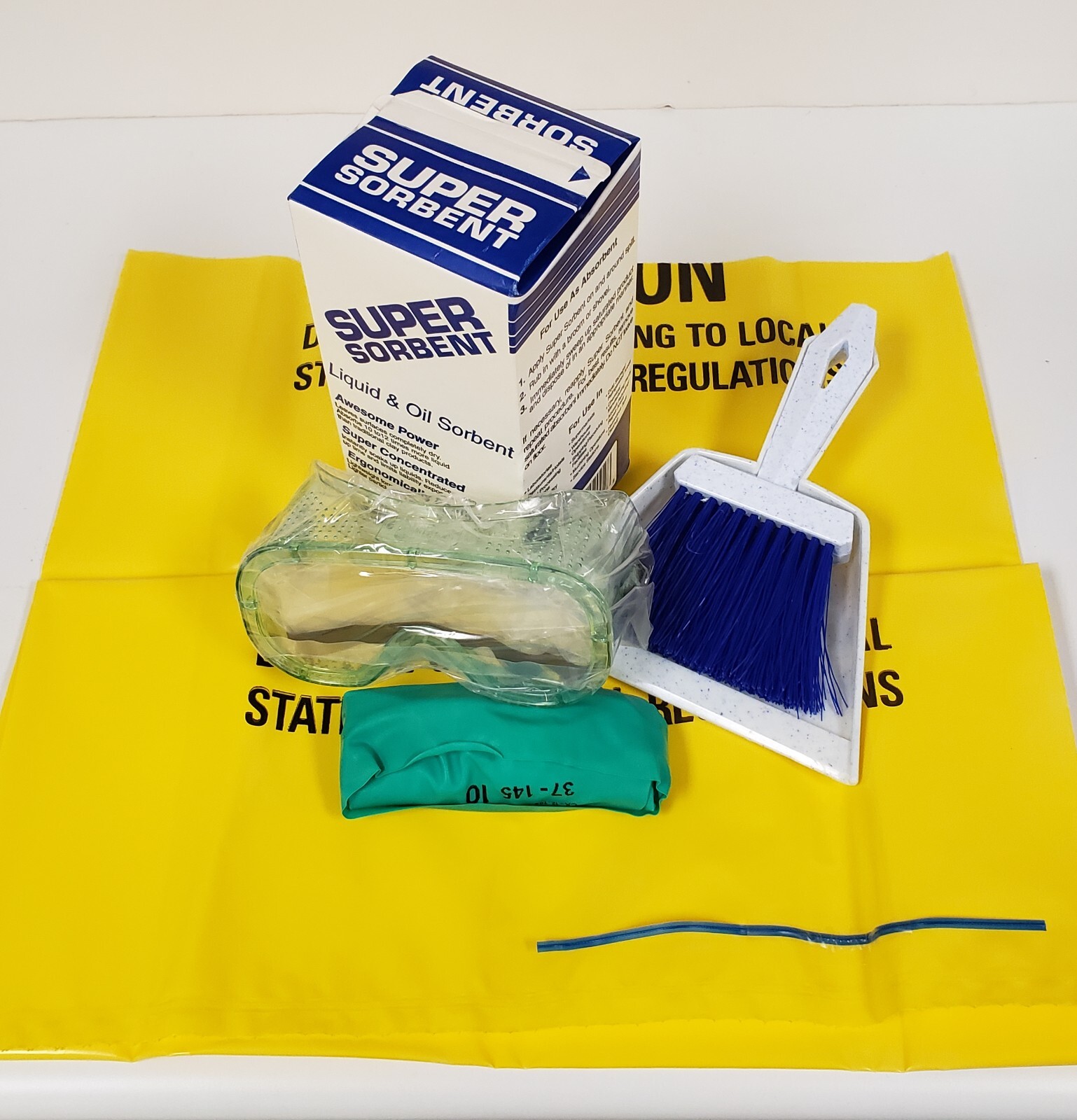 Super Sorbent Spill Cleanup Kit w/Goggles, Gloves, Broom, Dust Pan, Bag