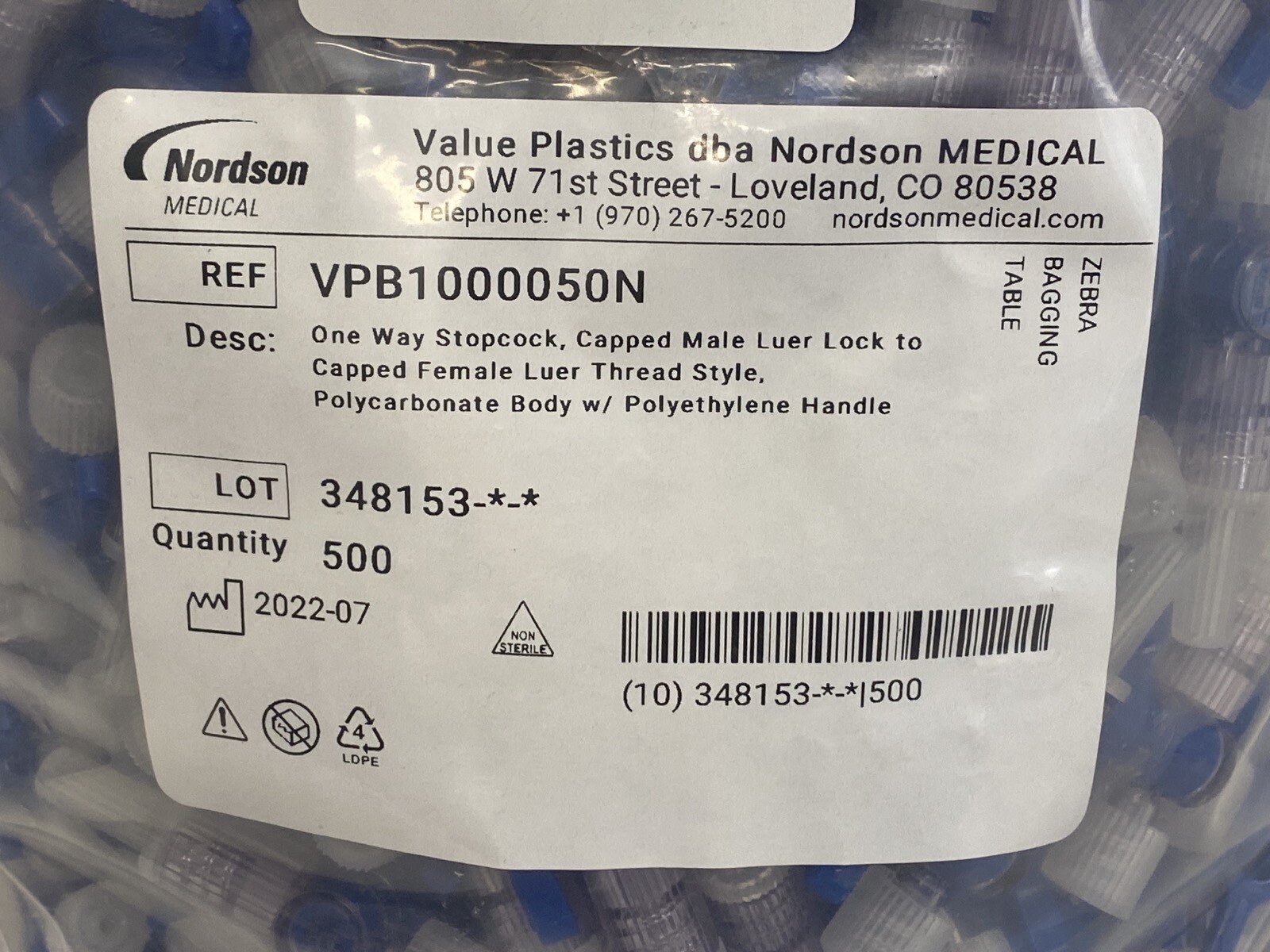 (500) VALUE PLASTICS One-Way Stopcock w/ Capped M Luer-Lock to Cap F Luer Thread