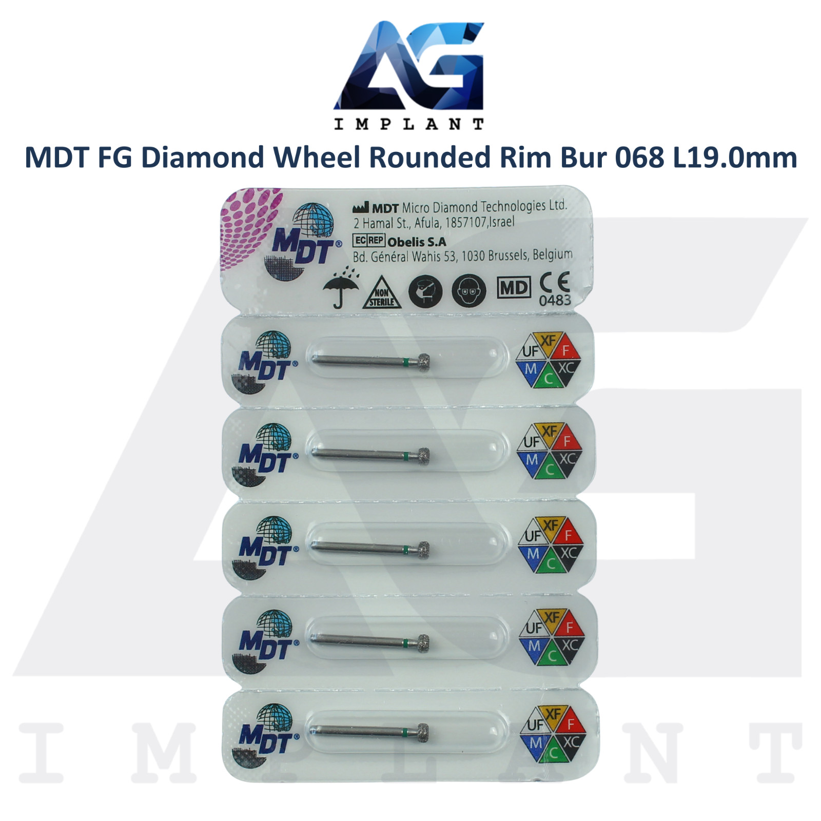 MDT Dental FG Diamond Coated Wheel Rounded Rim Bur 068 L19.0mm Coarse Grit