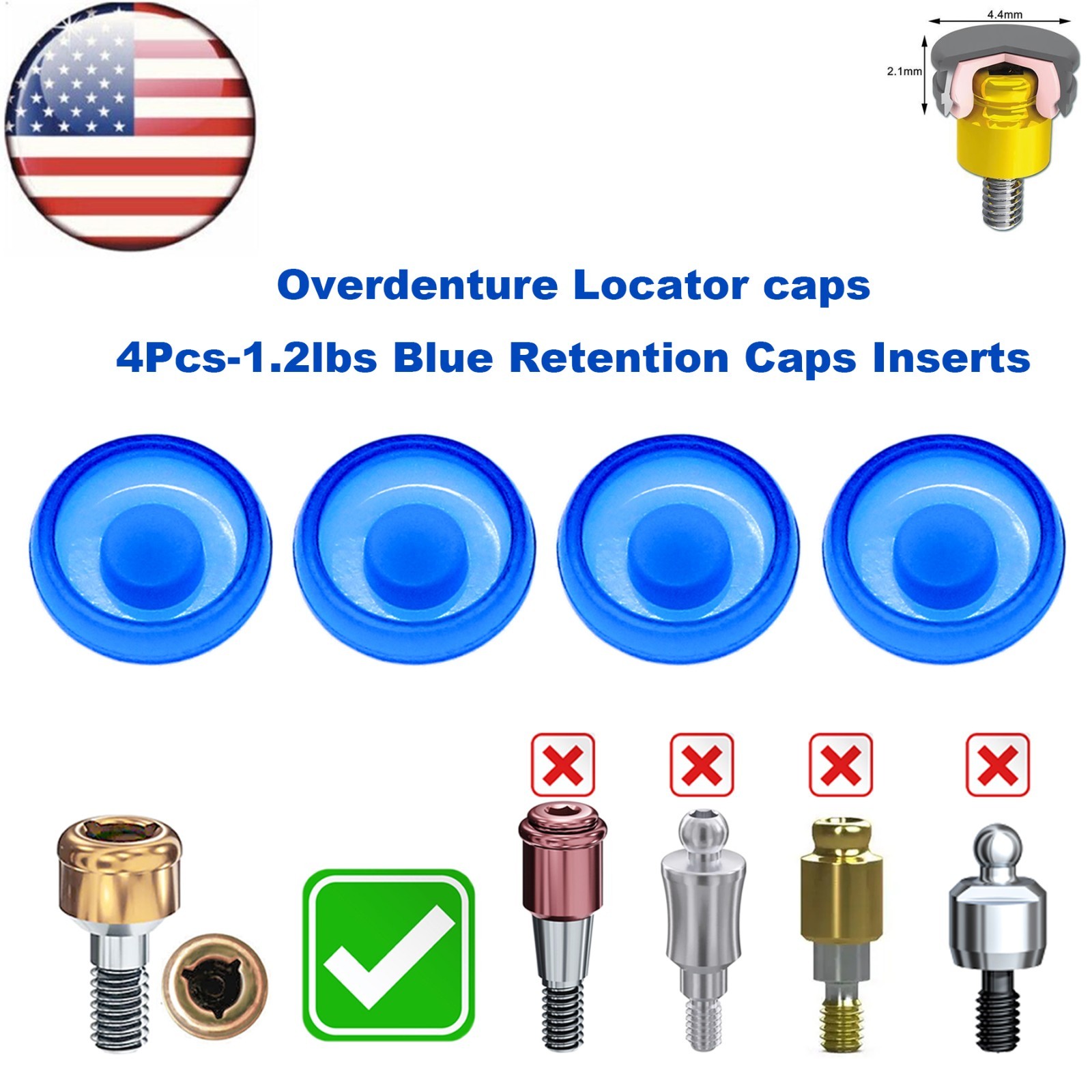 US Overdenture Dental Locator Abutment Retention Caps 1.2/2.4lbs Metal Housing