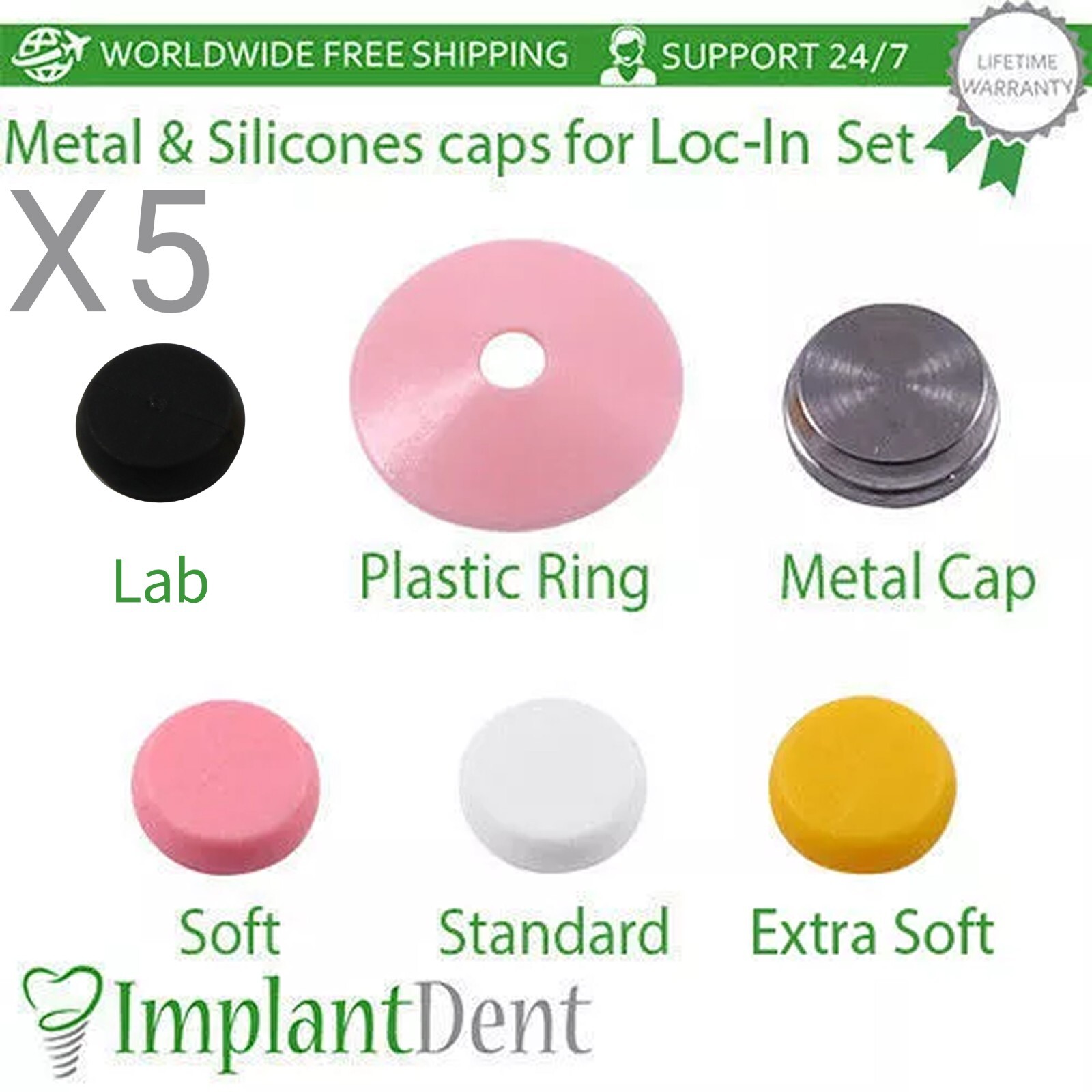 5x Dental Metal and Silicone Caps Insert Set For Loc In Attachment Prosthetics