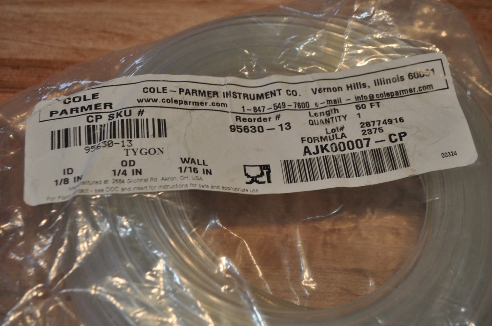 COLE-PARMER 1/8″ ID x 1/4″” OD approx 50’ L Tygon Vacuum Tube SKU# 95630-13