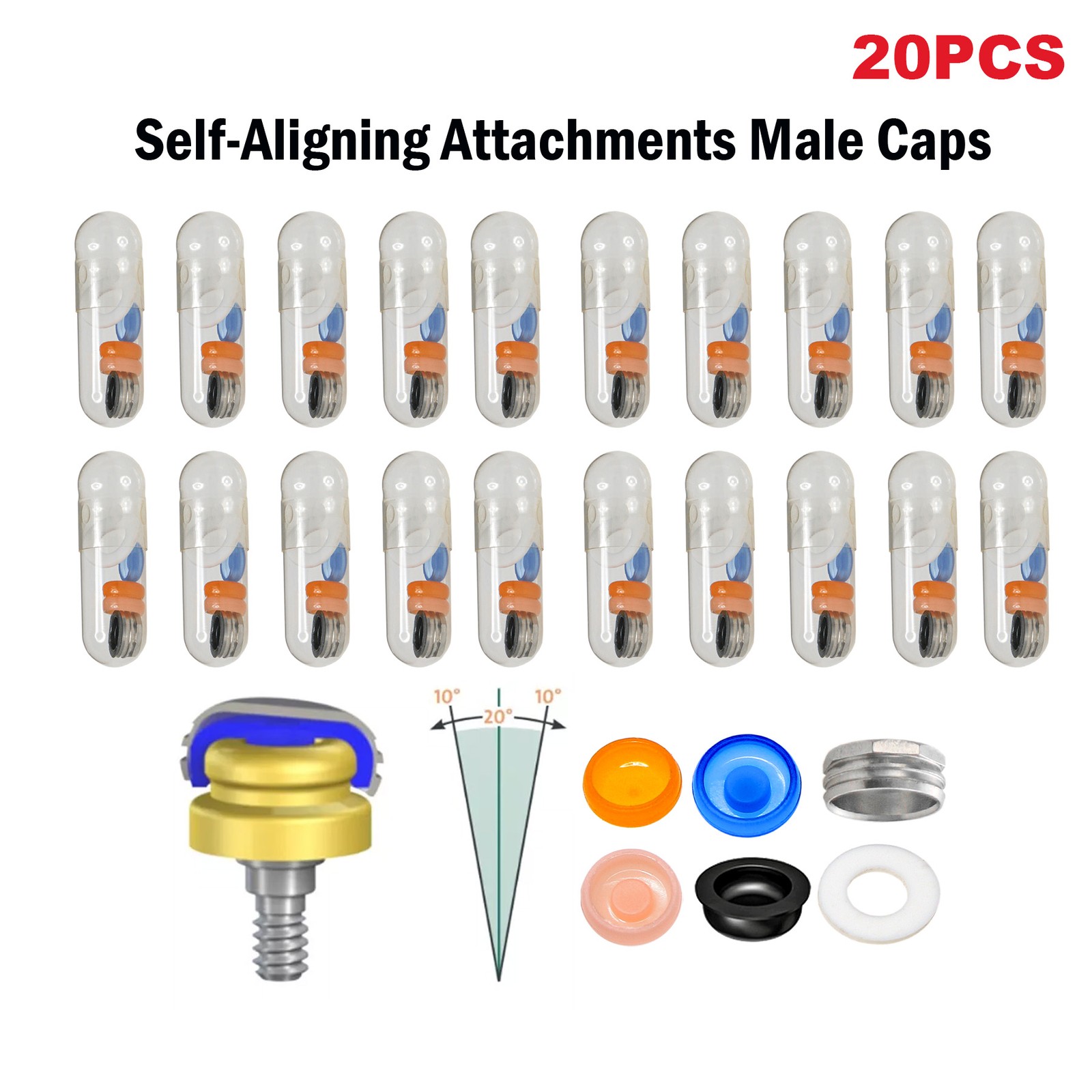 US Dental Overdenture Locator Male Caps Inserts PEEK Core Tool Housing Kit 20Pcs