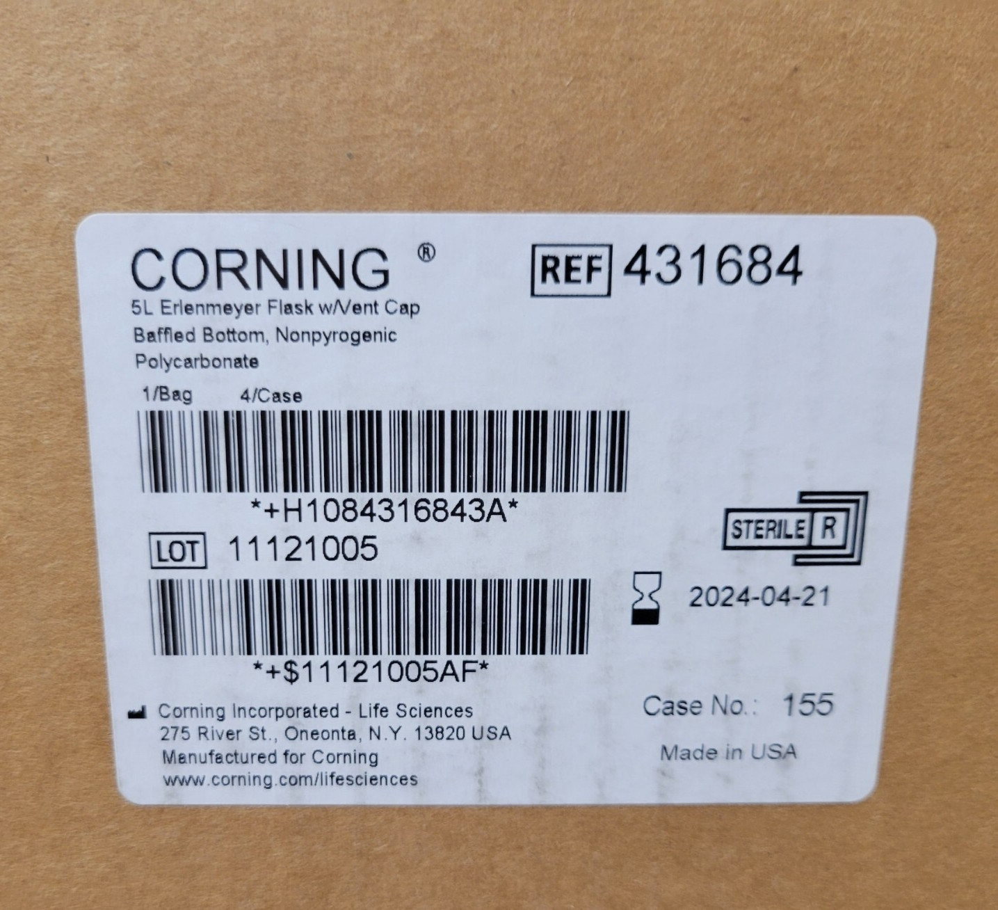 Corning 431684 5L Erlenmeyer Flask w/Vent Cap Baffled Bottom Nonpyrogenic