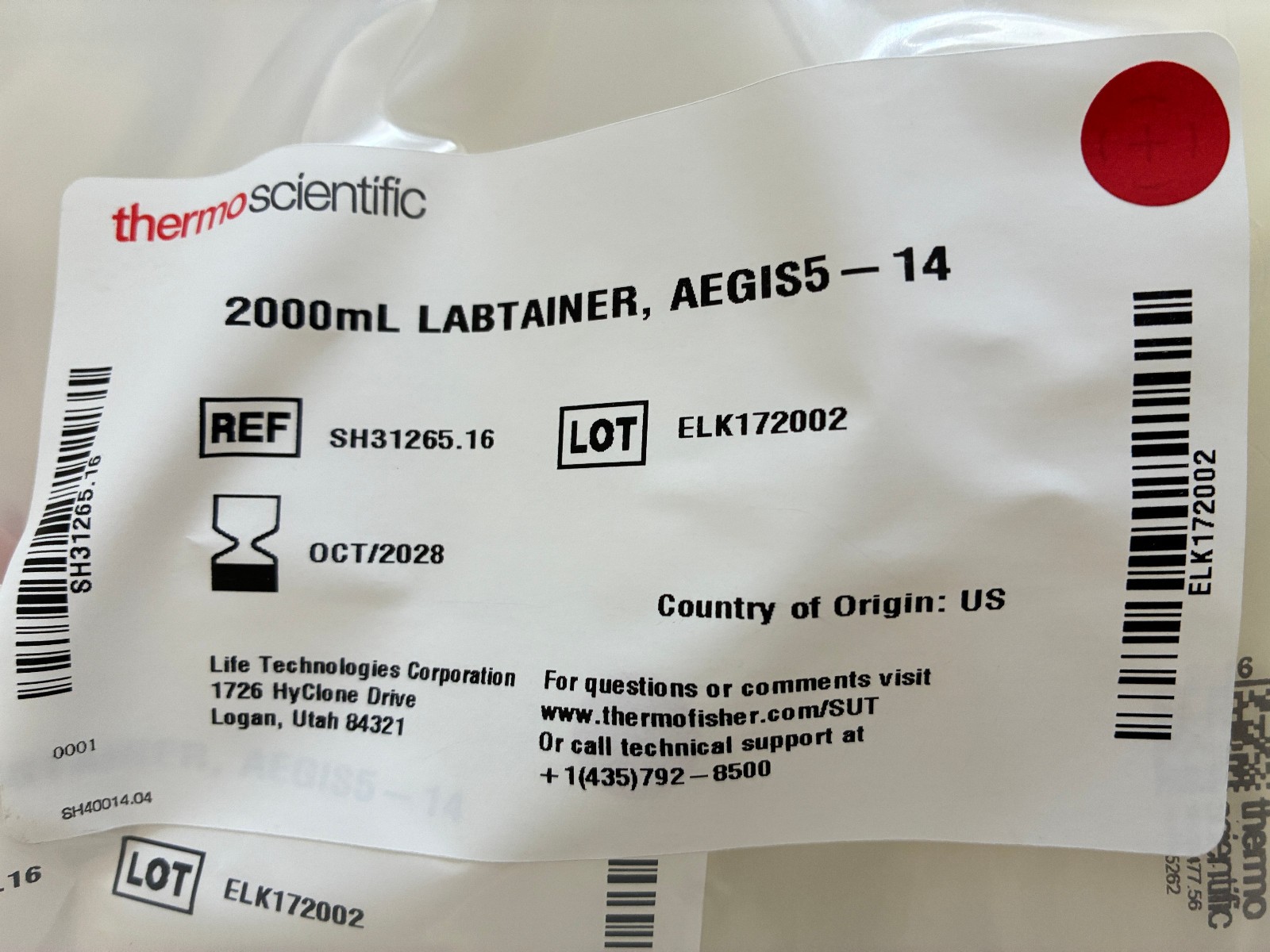 NEW, Single-Use BioProcess Container, 2D, Aegis™ 5-14, 2 ports, SH31265.16, PK10