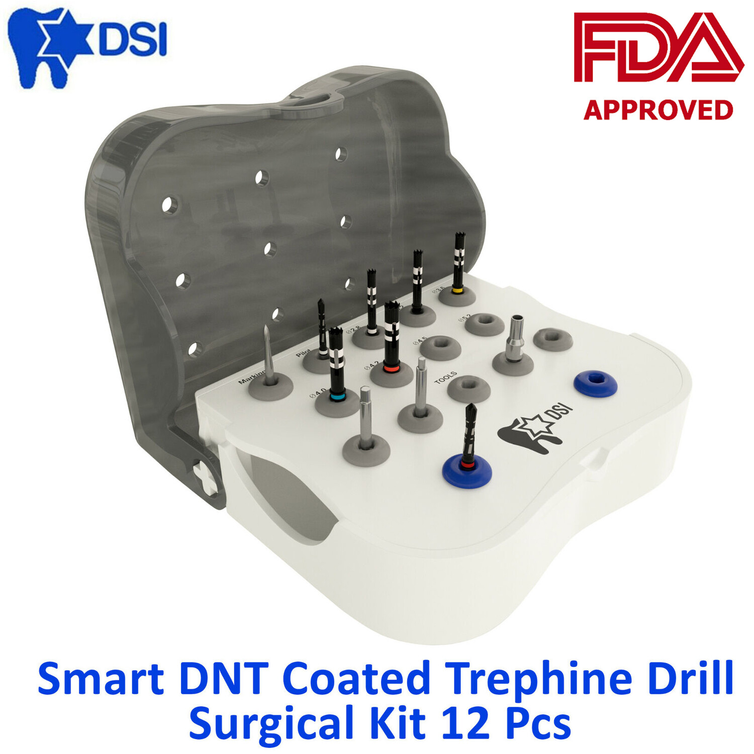 DSI Dental Implant Smart Trephine Surgical Drills DNT Coated Kit Bone Harvest