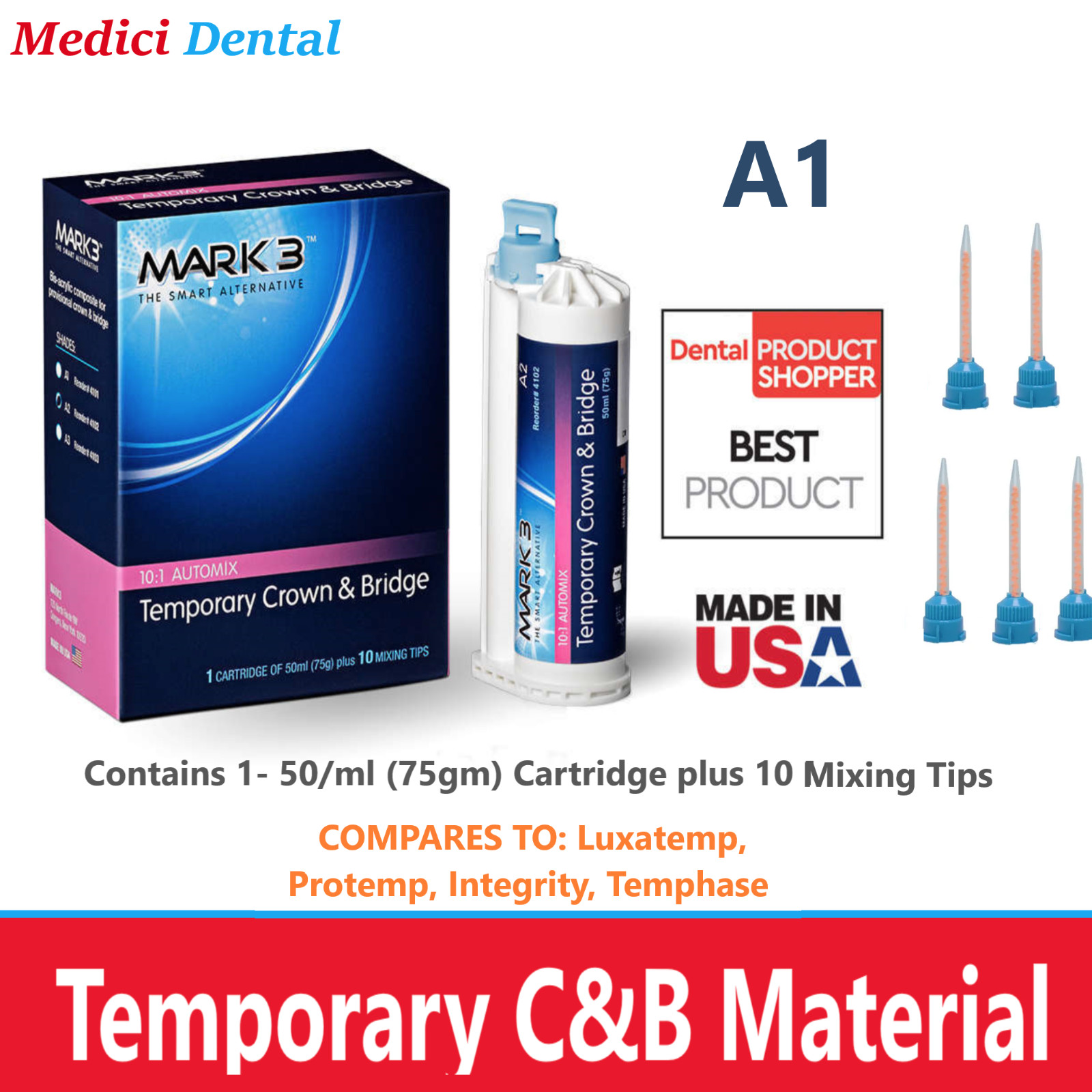 A1 Temporary Crown & Bridge Material 10:1 Dental Impression 76g (Made in USA)