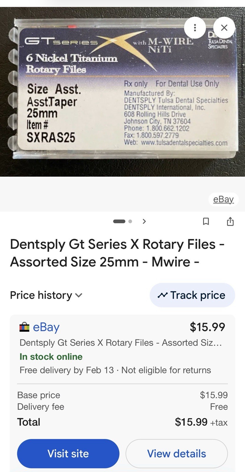 Dentsply GT Nickel Titanium Rotary Files 25mm -SXRAS25-6
