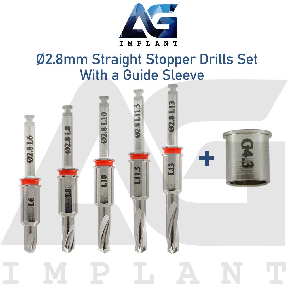 Dental Straight Guided Stopper Drill 2.8mm Full Set With Guide Sleeve Red Color
