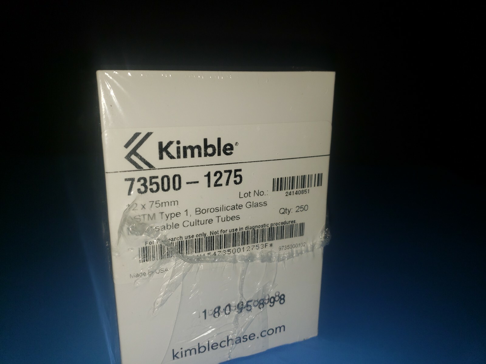 CASE OF 1000(4 PKS X250) Kimble Glass Culture Tubes, Borosilicate Glass 12X75mm