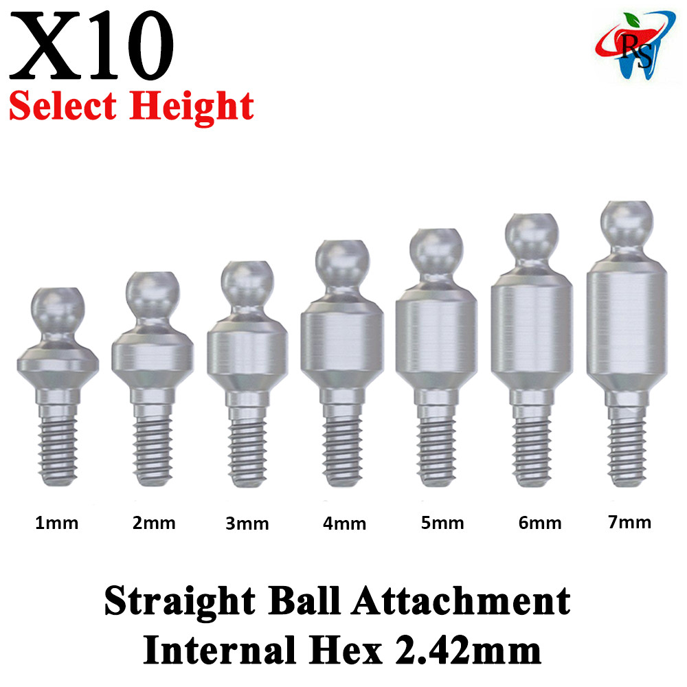 10pcs Dental Prosthetic Straight Ball Attachment Adapter Head Int Hex 2.42mm