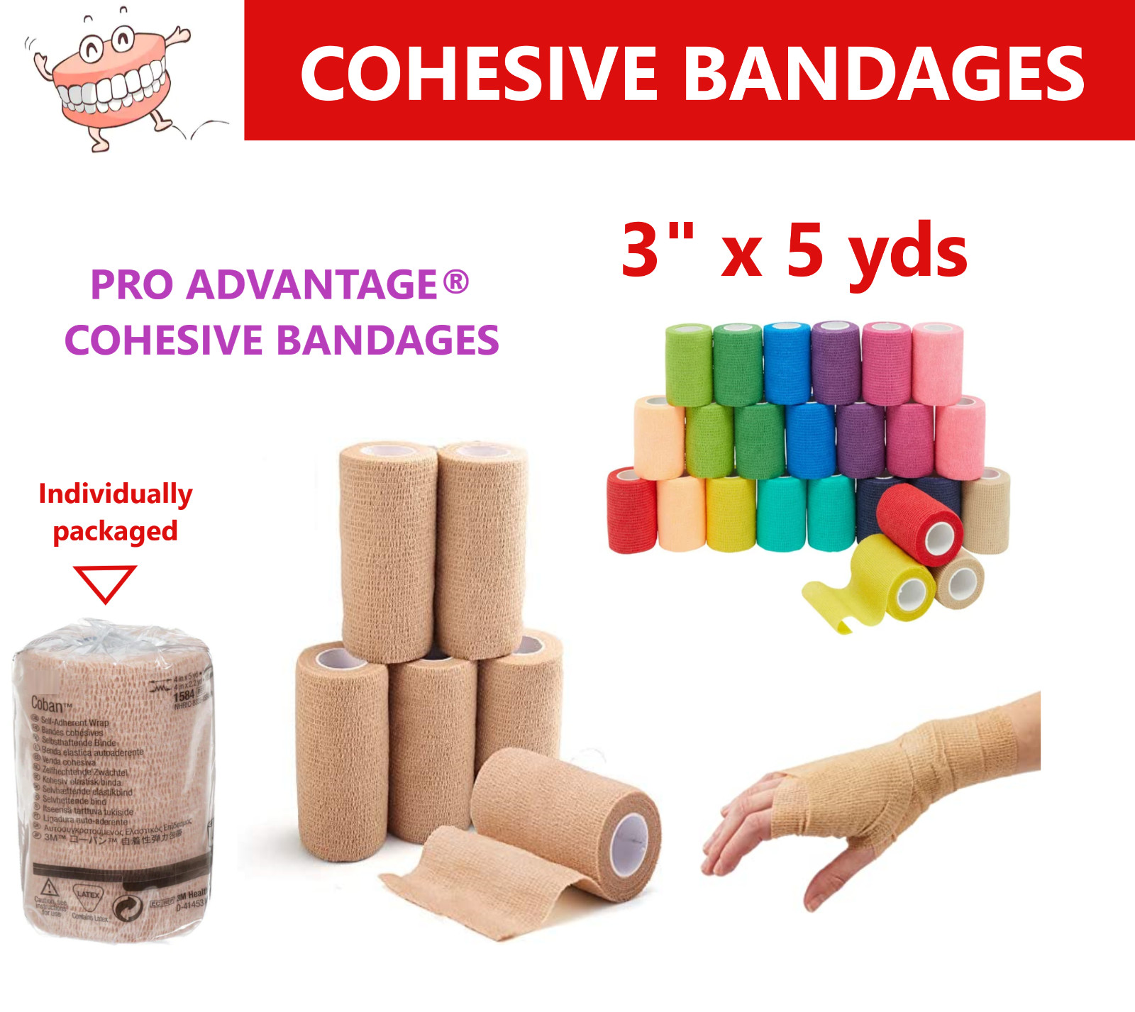 Self Adherent Cohesive Wrap Bandage Sports Athletic Tape 1″ x 5- 4″ x 5, 2/Pack
