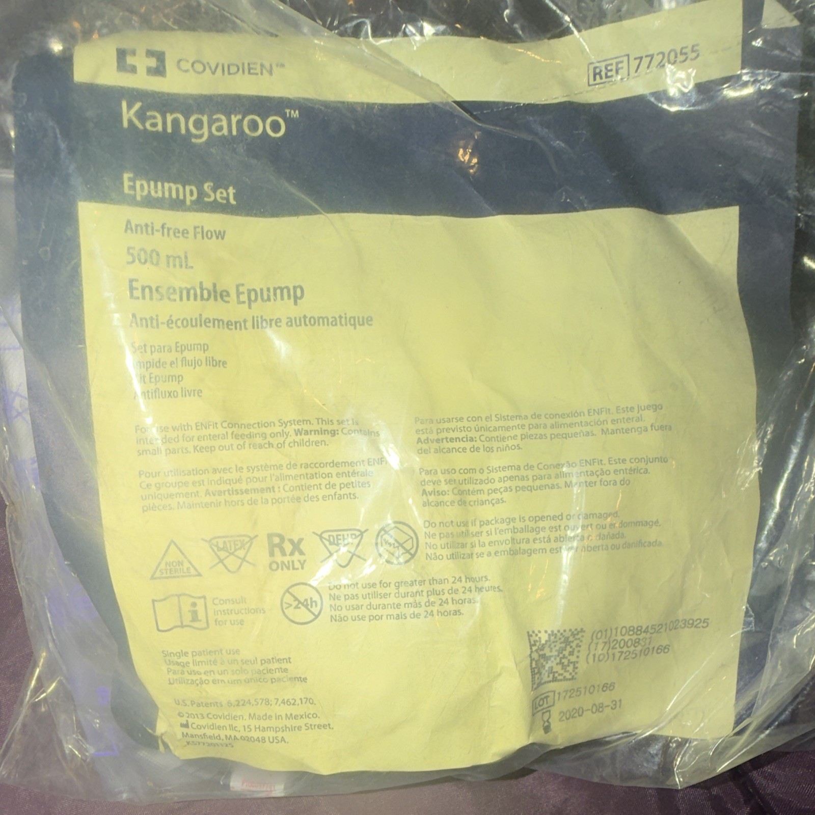 Covidien Kangaroo ePump Set Anti-Free Flow 500 mL REF 772055