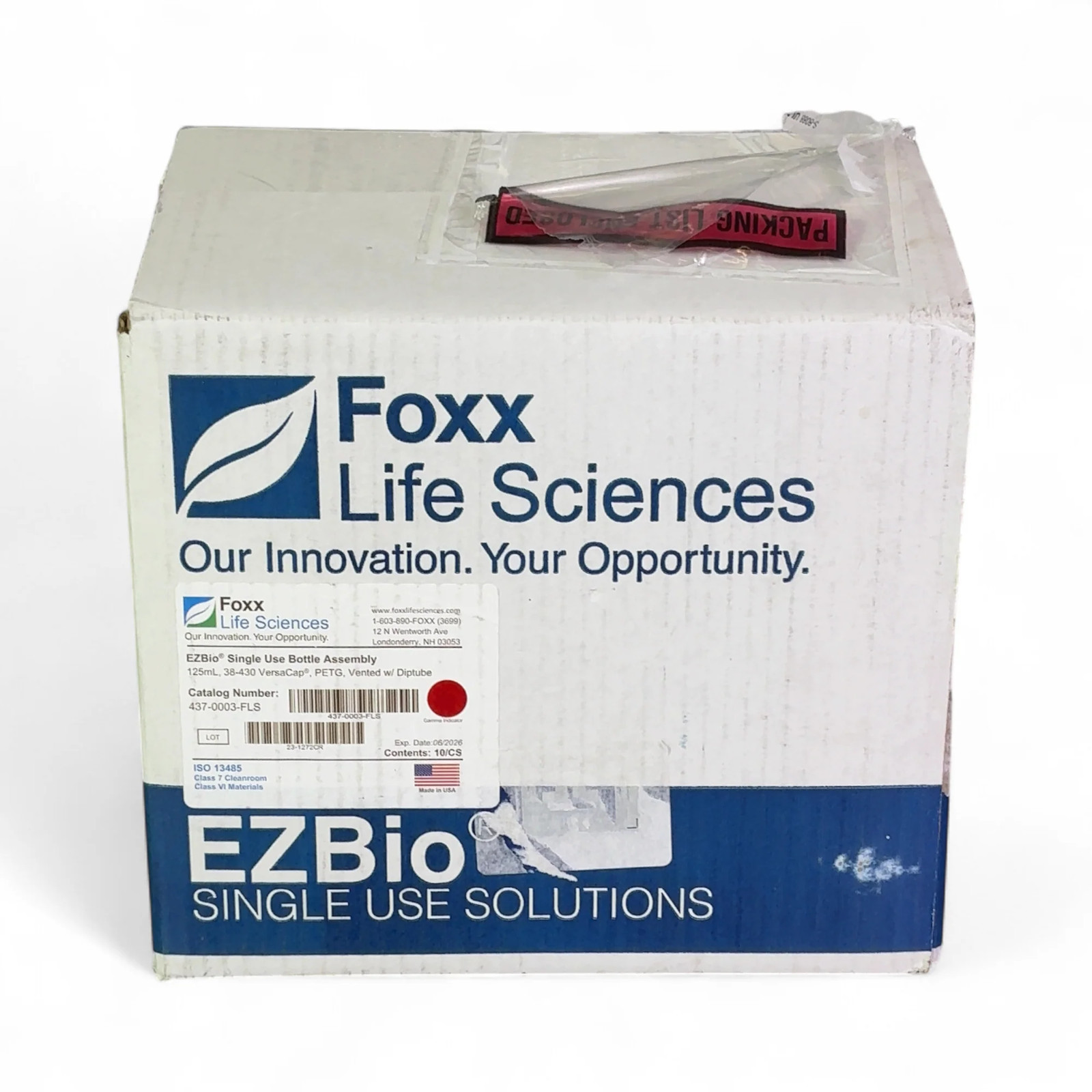 Foxx Life Sciences 437-0003-FLS EZBio Single Use Bottle Assy 125mL NEW OPEN BOX