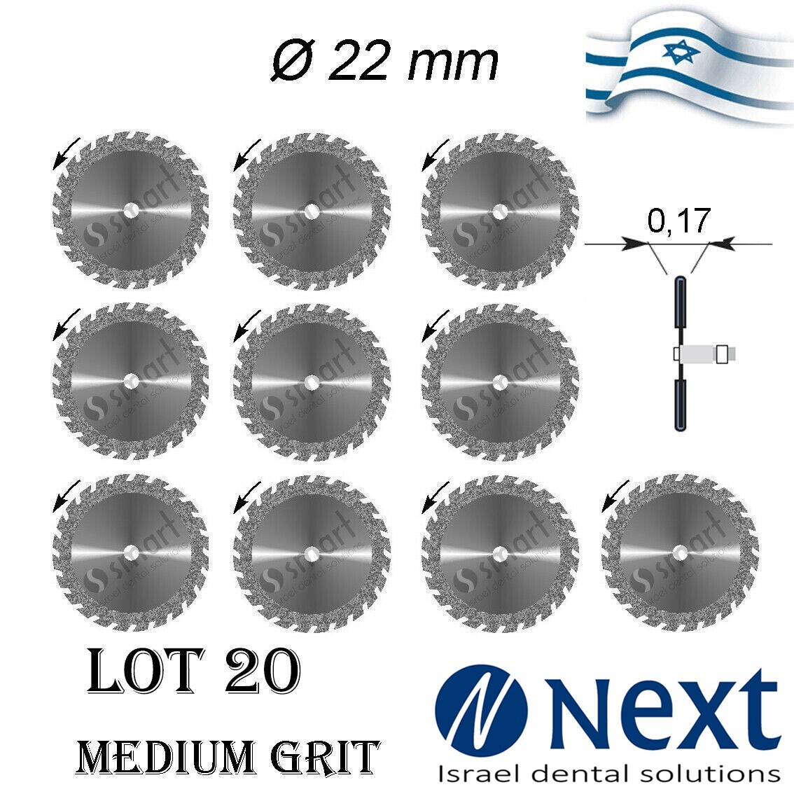 Lot X 20 Dental lab Diamond Discs Israel Made ceramic acrylic medium grit 22 m 3