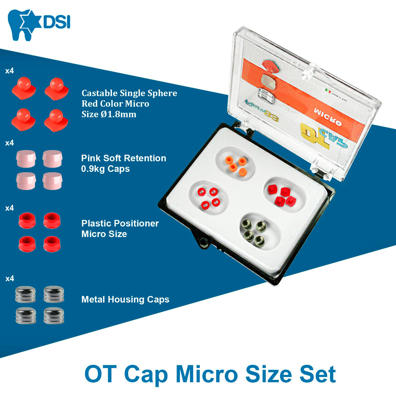 DSI Dental Lab Fixture OT Cap Micro Castable Spherical Ball Attachment Kit