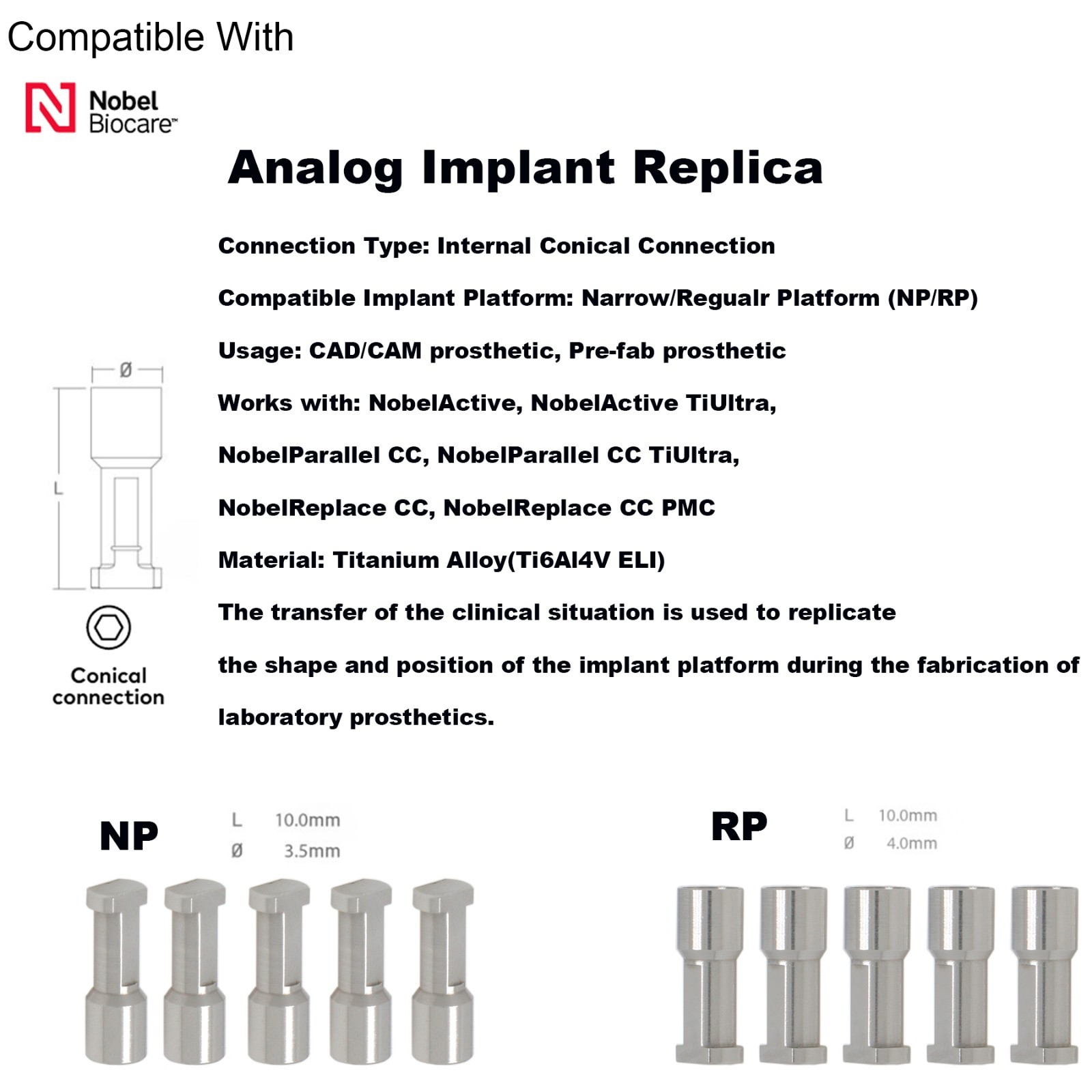 Nobel Biocare Active Implant system Analog Impress Coping Open/Closed Tray NP/RP
