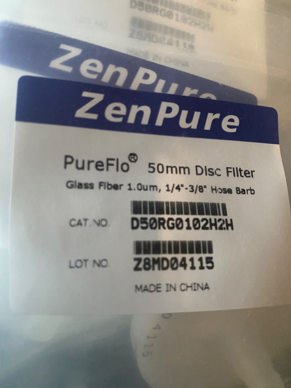 ZenPure PureFlo 50 mm Disc Filters – Glass Fiber 1.0 µm, ¼-3⁄8″ Hose Barb – Lot