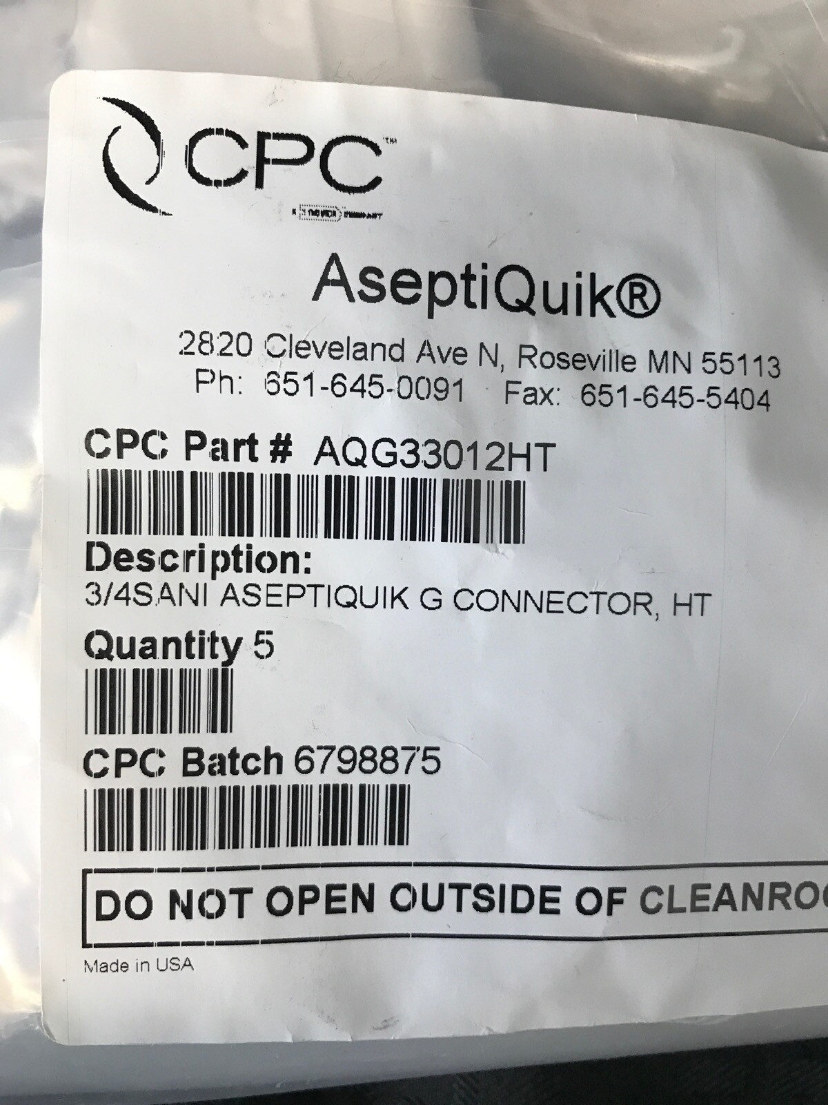 (5)CPC AseptiQuik G Connector Body 3/4” Sanitary Non-Valved High Temp AQG33012HT