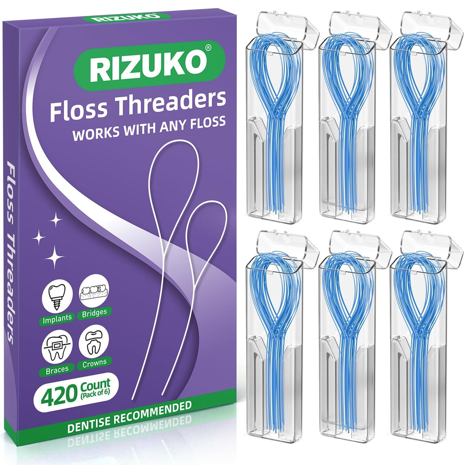 RIZUKO Floss Threaders,Deep Clean Dental 70 Count (Pack of 6), Blue