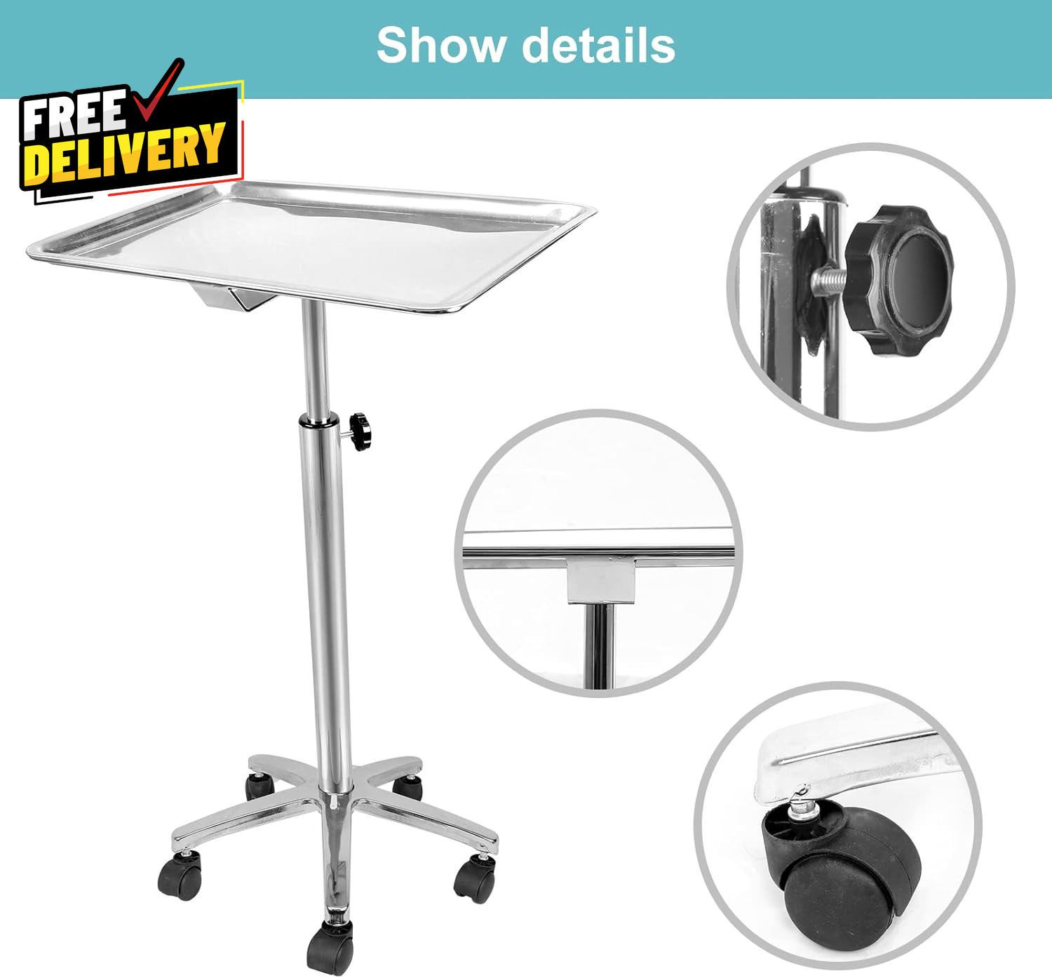 Premium Metal Extra Large Salon Tray Medical Tray Mayo Stand with Wheels