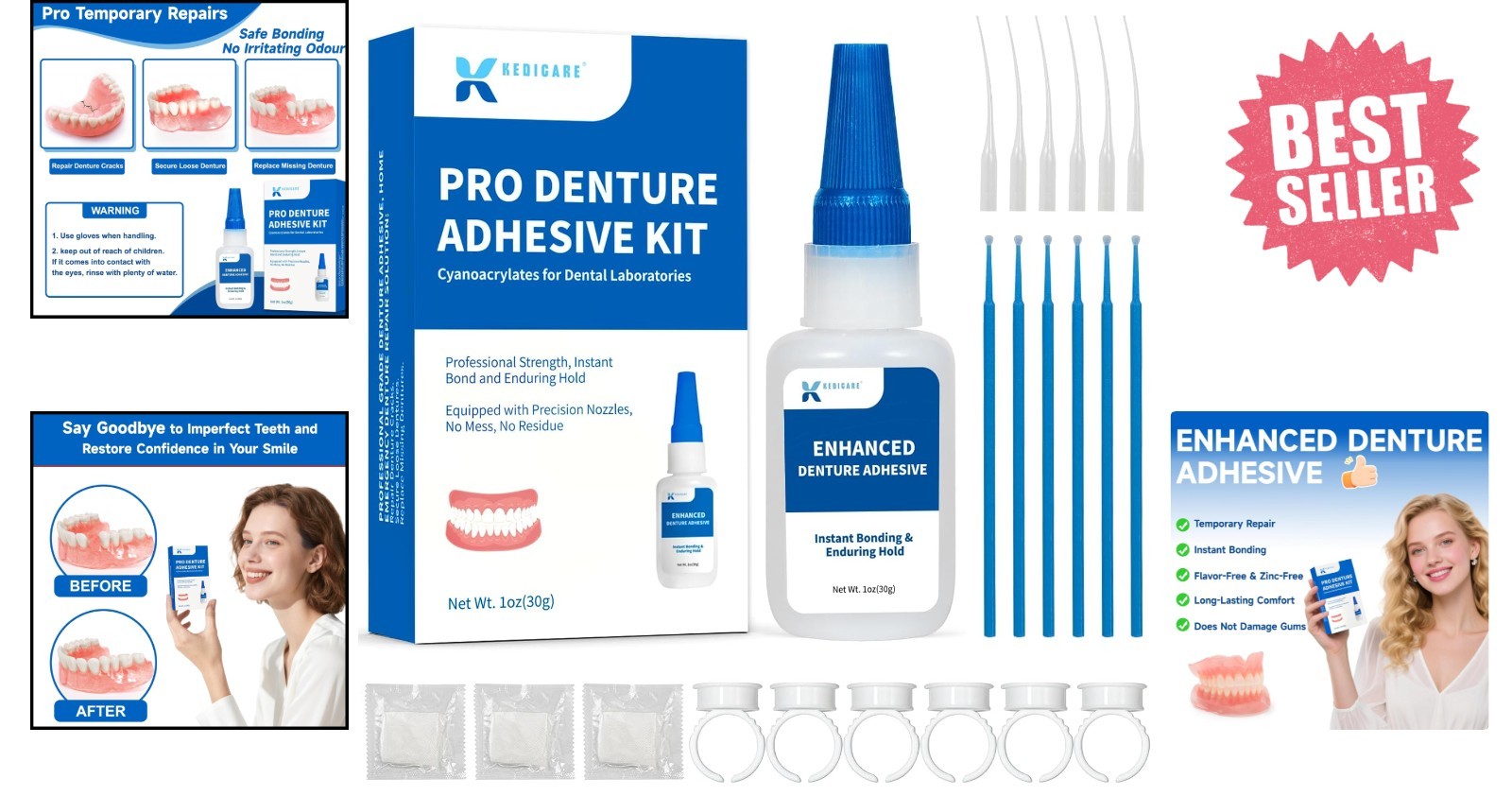 Pro Denture Adhesive Kit, 1oz Pro Instant Bonding Denture Glue, Enhanced Denture