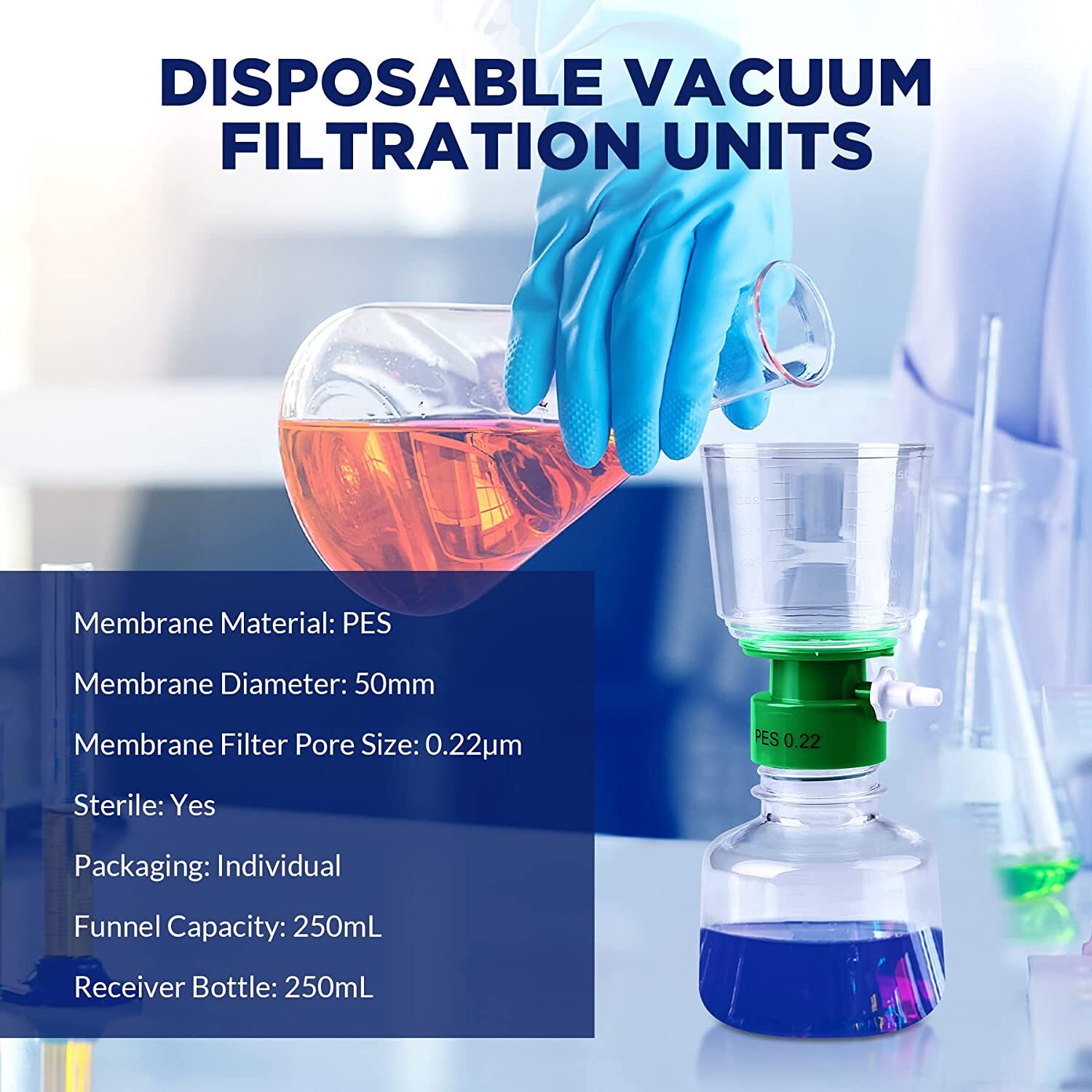 (4 Pack) Lab 250mL Disposable Sterile Vacuum Filter Bottle PES Membrane 0.22μm