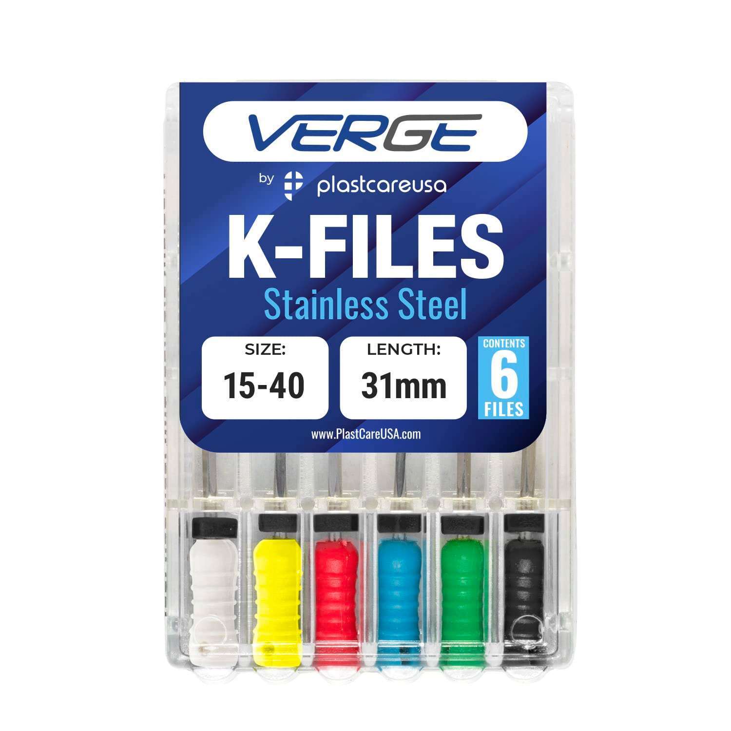 VERGE 31mm Endo K Files, Stainless Steel, Assorted #15 – #40, 6/Pk