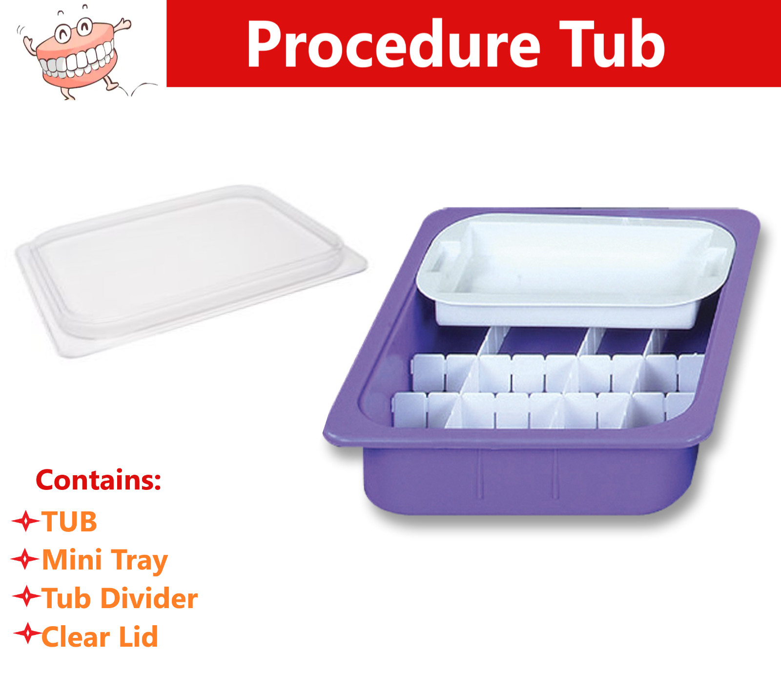 Dental Medical Operation Tub, Mini Tray, Tub Divider, Tub Cover -Full Set Purple