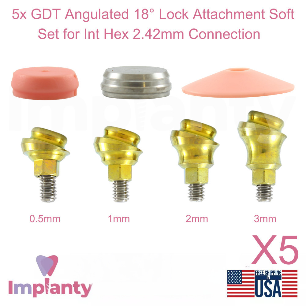 5x Dental Angulated 18° Lock Attachment Soft Set Titanium Int Hex 2.42mm