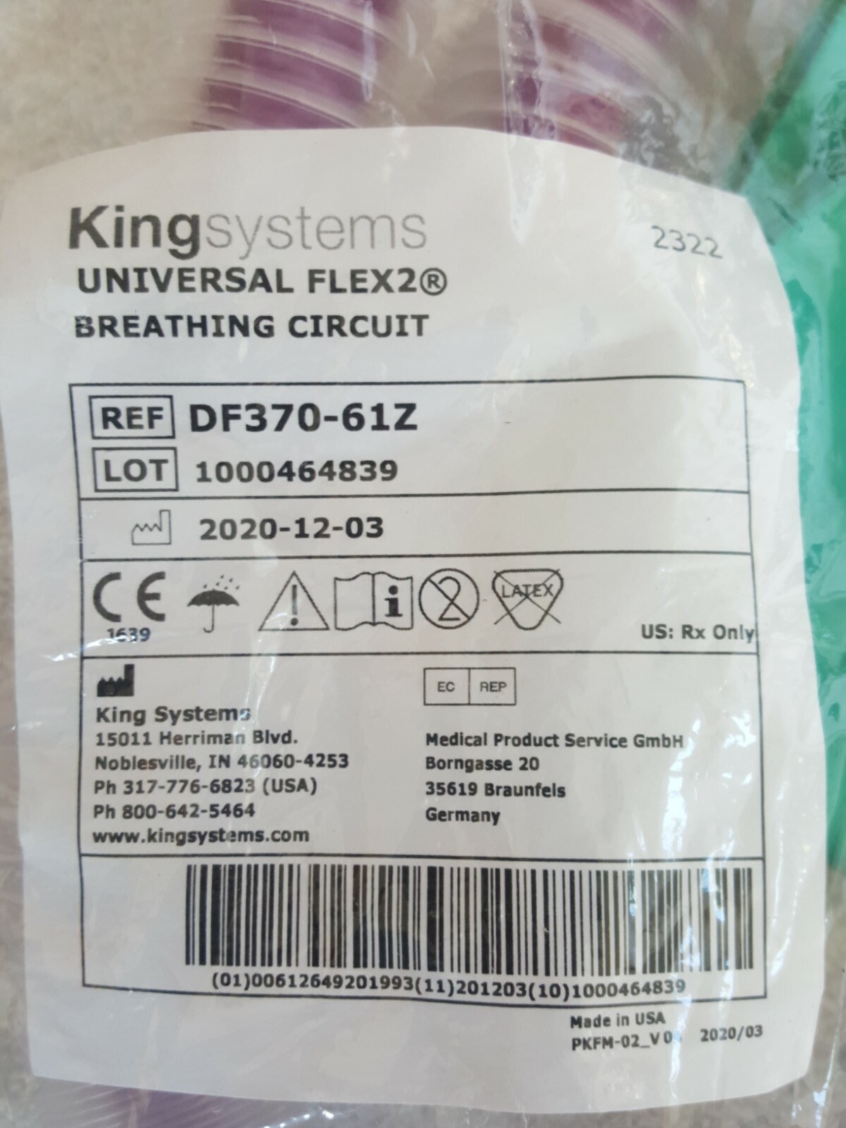 King Systems Universal Flex2 Breathing Circuit REF DF370-61Z (15 Piece)