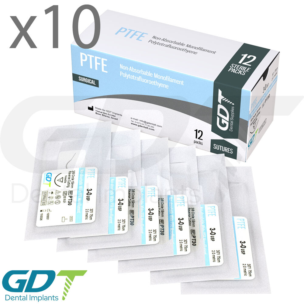 10 Synthetic Monofilament PTFE Sterile White Sutur3s 12pcs 19mm Reverse Cutting