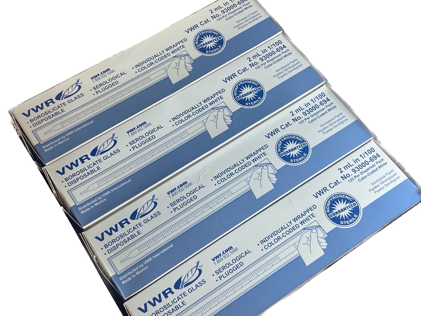 (500) VWR Scientific 2mL in 1/100 Sterile Glass Serological Pipettes 93000-694