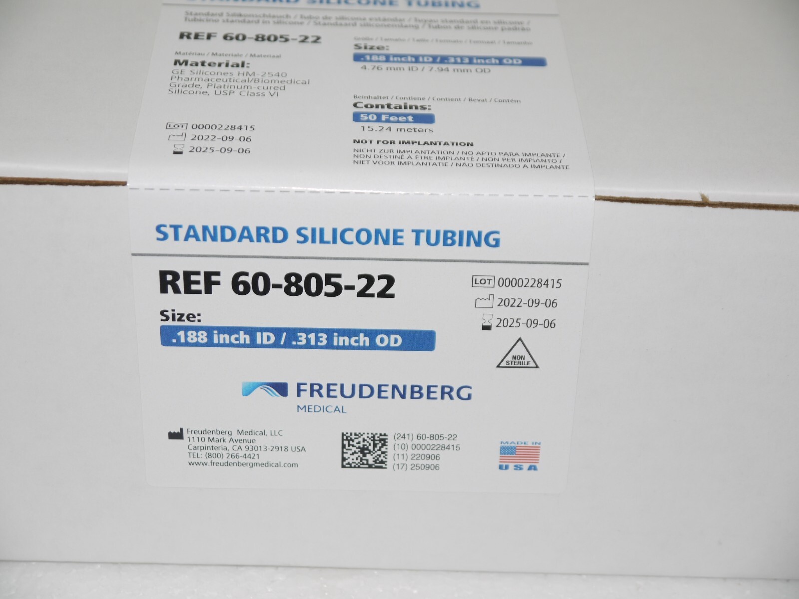 Freudenberg Medical 60-805-22 HelixMark Standard Silicone Tubing 50ft. New
