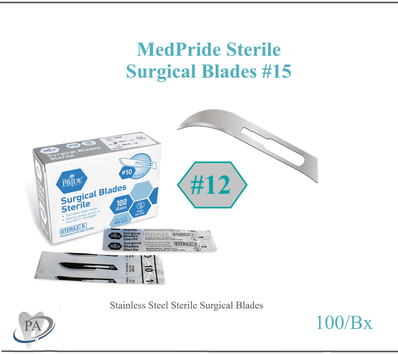 100/Bx Sterile Surgical Carbon Steel Blades Scalpel Handle Dental #12 Medpride