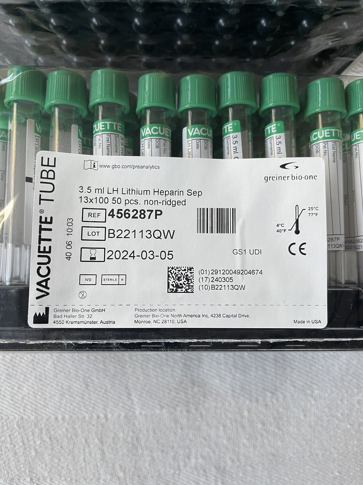 Vacuette 456287P 3.5ml Lithium Heparin Tubes Non-Ridged 13×100 Exp 3-5-2024 NEW