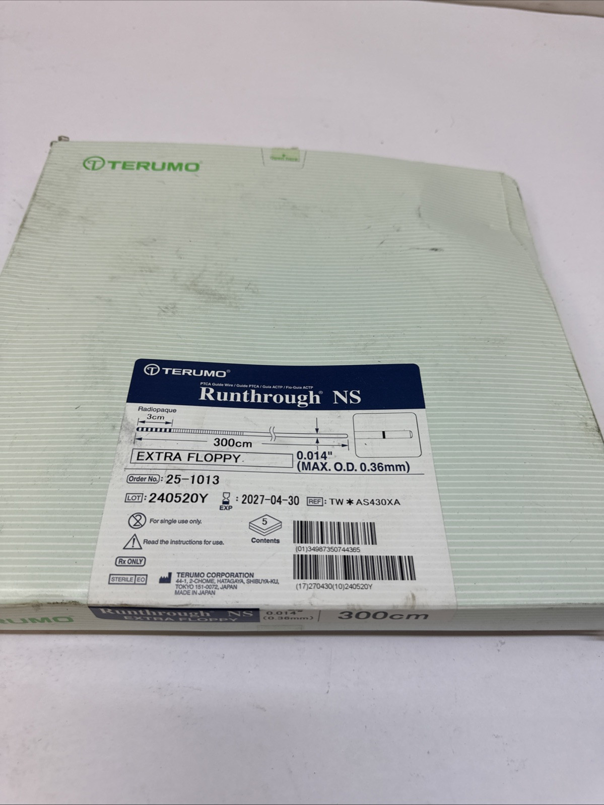 TERUMO RUNTHROUGH NS 300CM 0.014” 3CM EXTRA FLOPPY CORONARY 25-1013 5PK