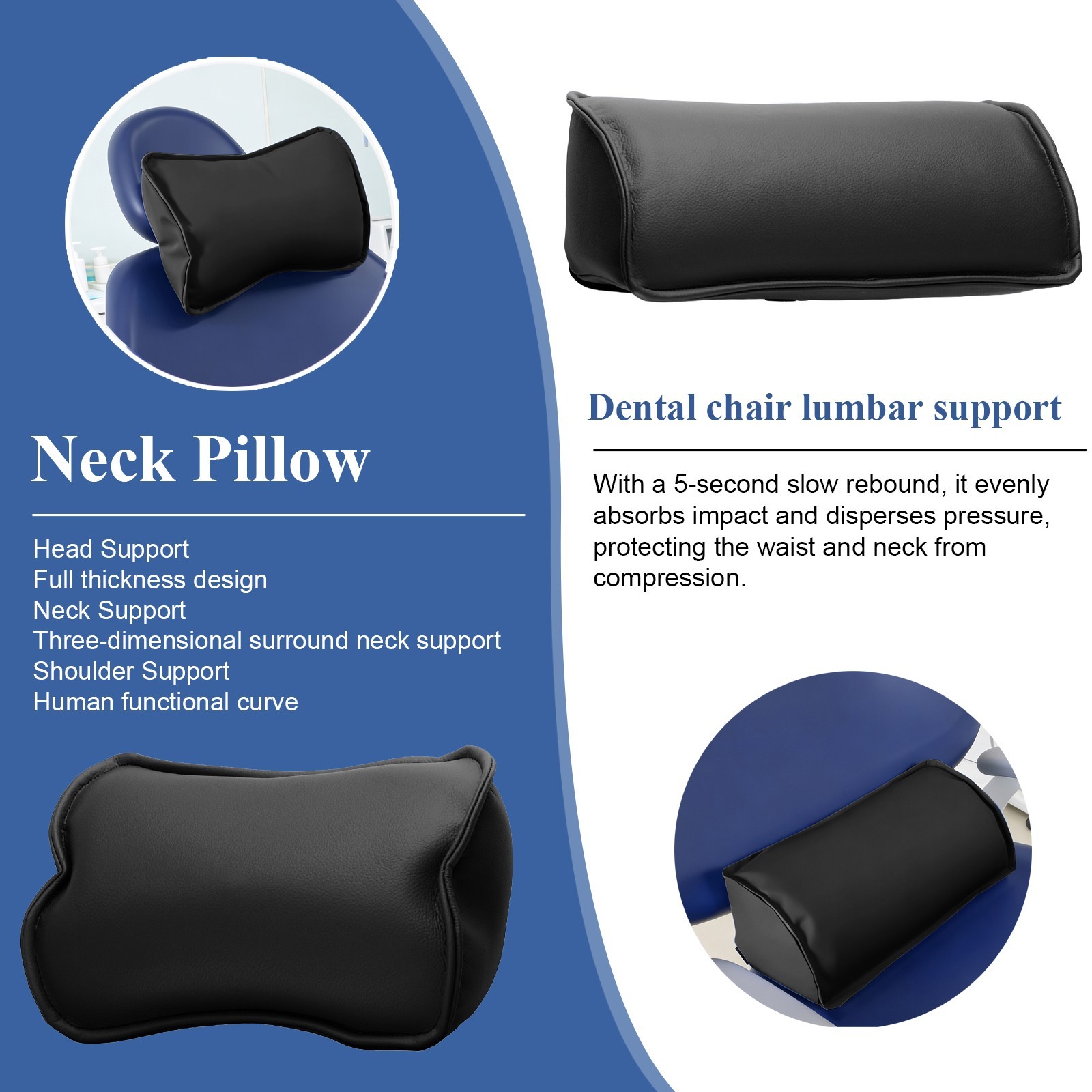 Dental Chair Neck Pillow Lumbar Cushion Set Memory Foam Microfiber Leather Black