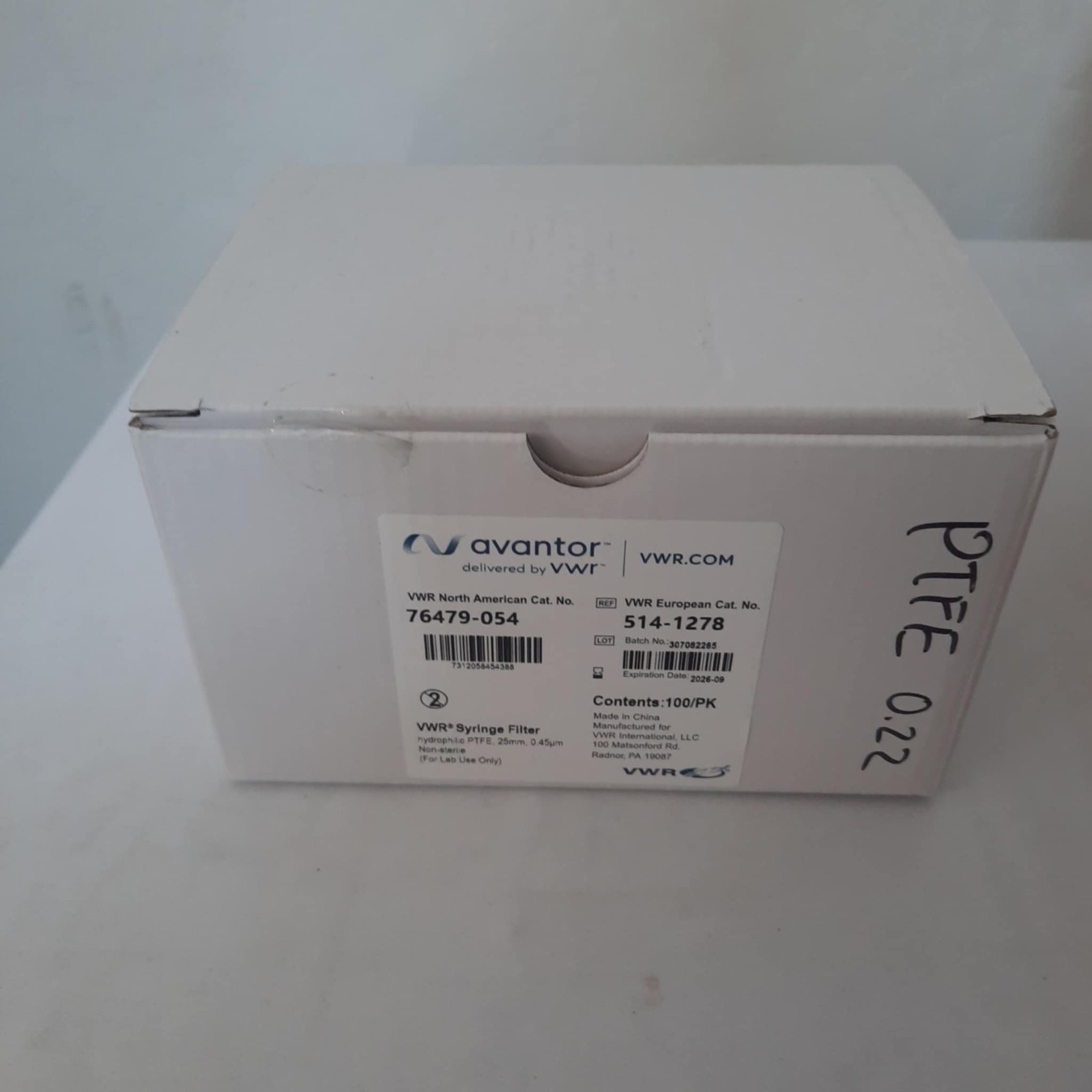 VWR Avantor Syringe Filter PTFE 25mm, 0.45um, 76479-054, 100/pk, Exp. 09/2026