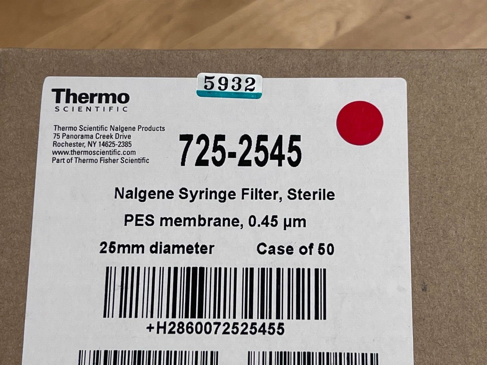 NEW Thermo Nalgene Sterile Syringe Filter 725-2545, 25 mm, Pore Size 0.45 μm