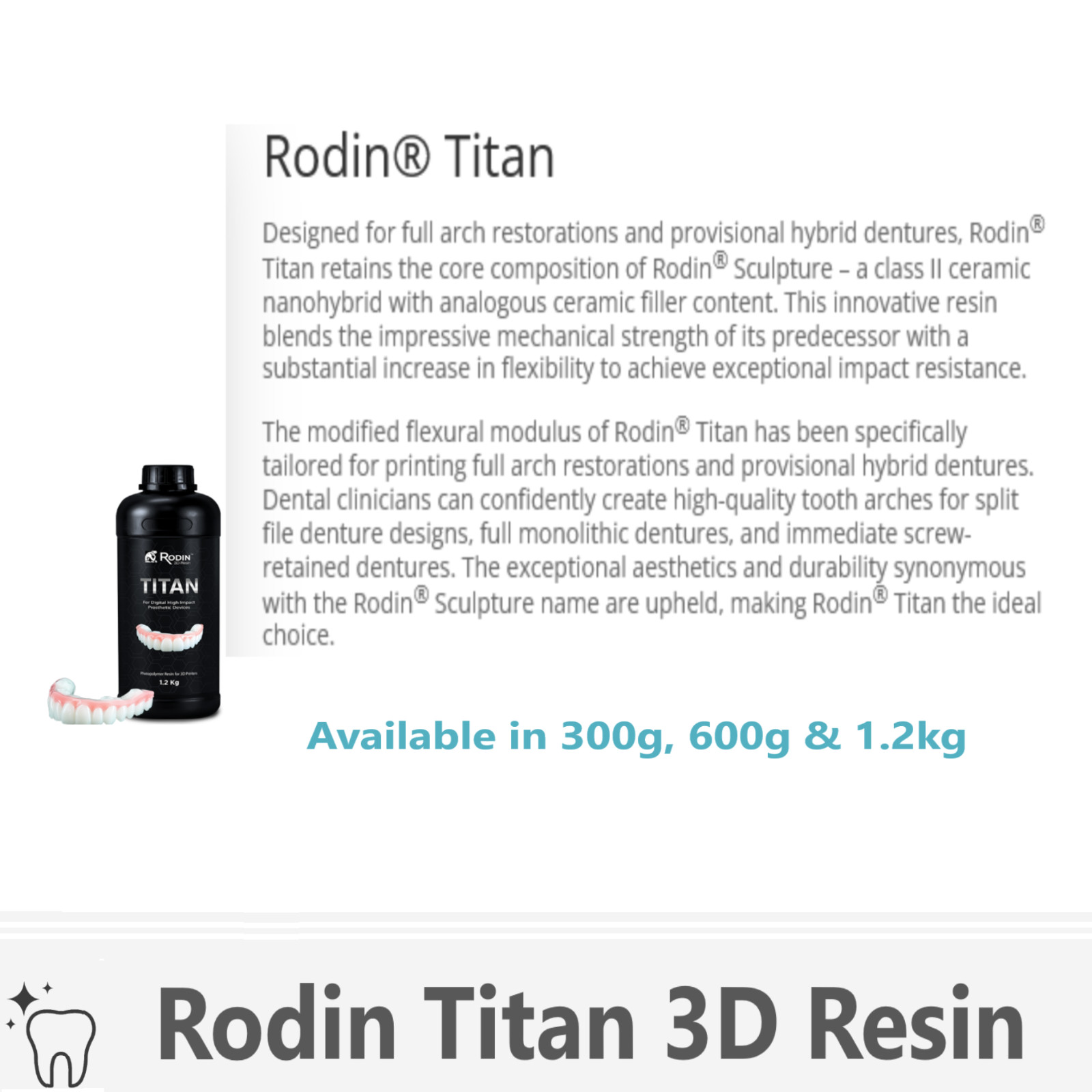 Dental 3D Resin Rodin Titan Ceramic Nanohybrid, 0M1, 0M3, A1, A2, A3, B1, C2