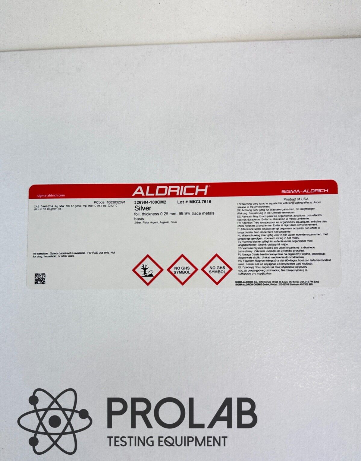 NEW Sigma Aldrich Silver Foil Thickness 0.1 mm 99.9% Trace Metals Basis